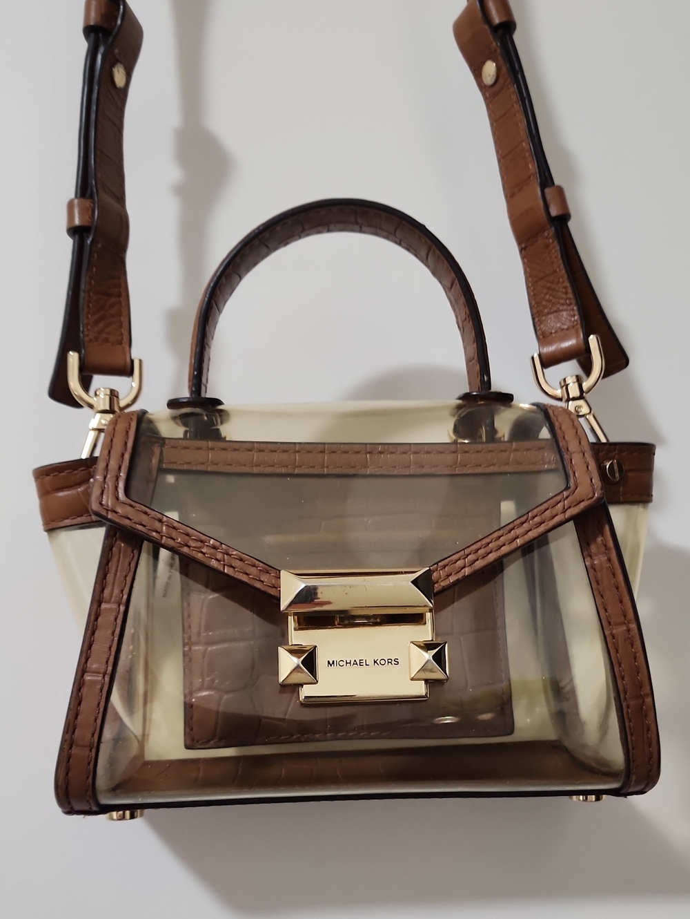 Michael Kors Brown and Clear Clear-Panel Satchel with Gold Hardware